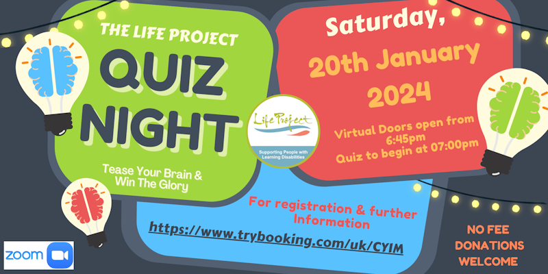 Image providing details of the Life Project Quiz Night on 20th January 2024. All details are included in the webpage