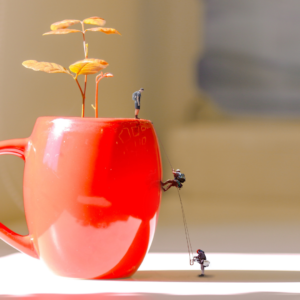 Photo of a red mug with a plant growing out of it. 3 plastic figures are set up to look like they are abseiling down the mug